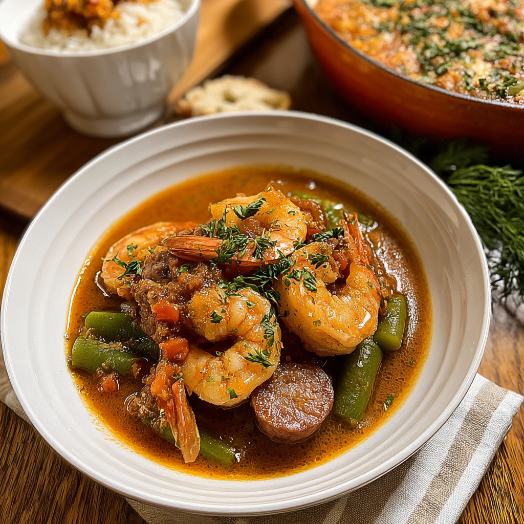 Recipe preparation for Comforting Shrimp + Sausage Gumbo Recipe 