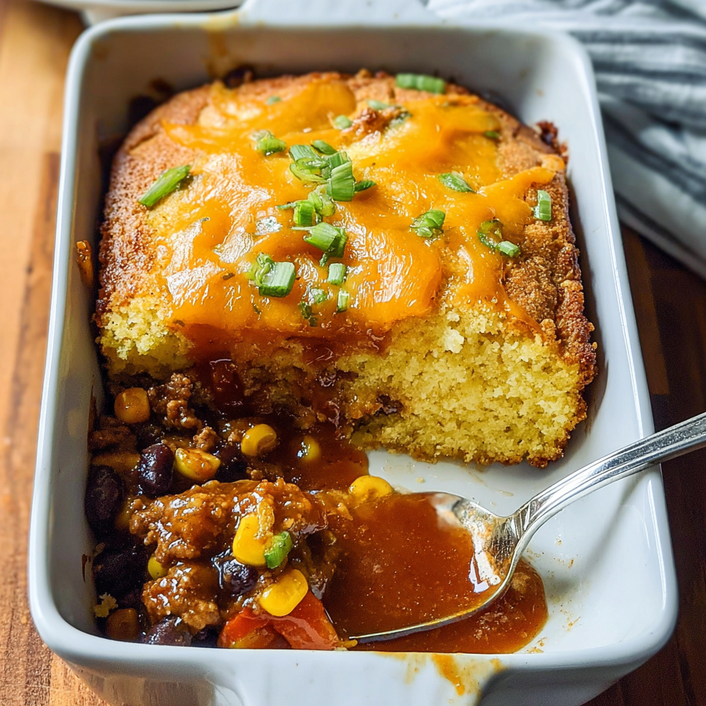 Recipe preparation for Cozy Chili Cornbread Casserole 