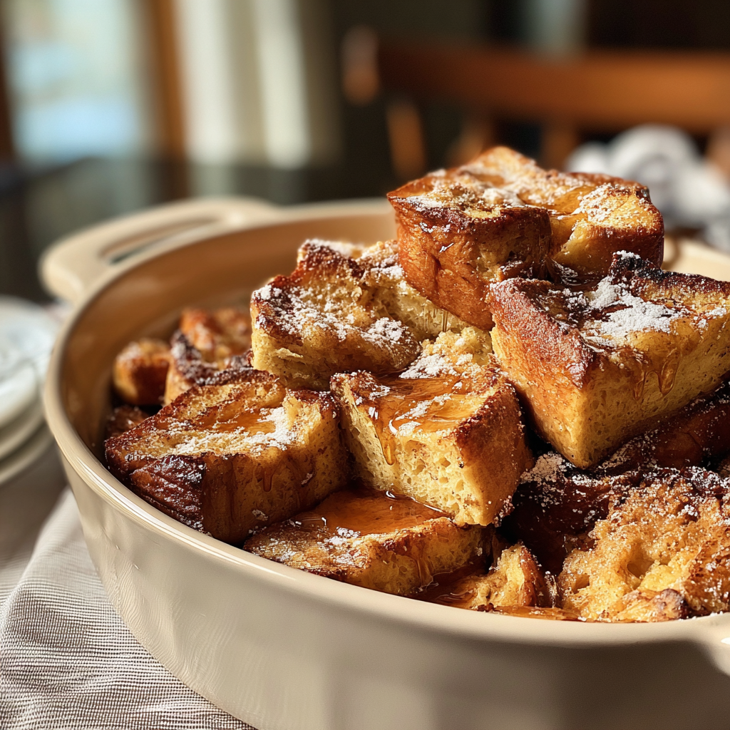 Recipe preparation for Friendsgiving Overnight Cinnamon French Toast Casserole Bliss