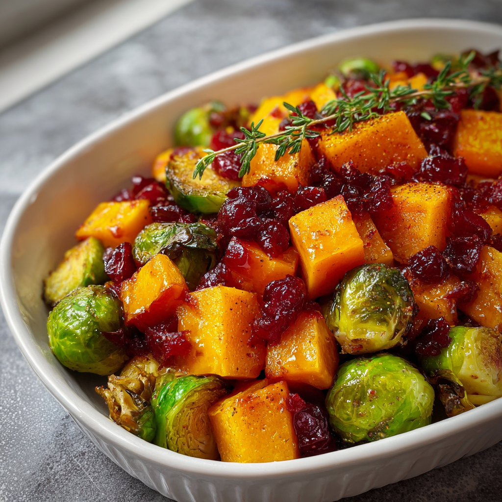 Recipe preparation for Cranberry-Glazed Roasted Butternut Squash & Brussels Sprouts 