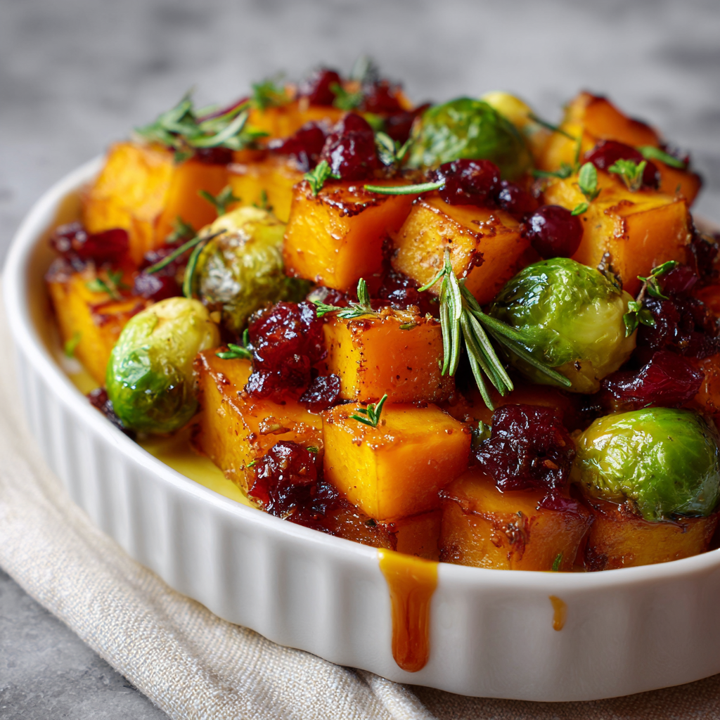 Recipe preparation for Cranberry-Glazed Roasted Butternut Squash & Brussels Sprouts 
