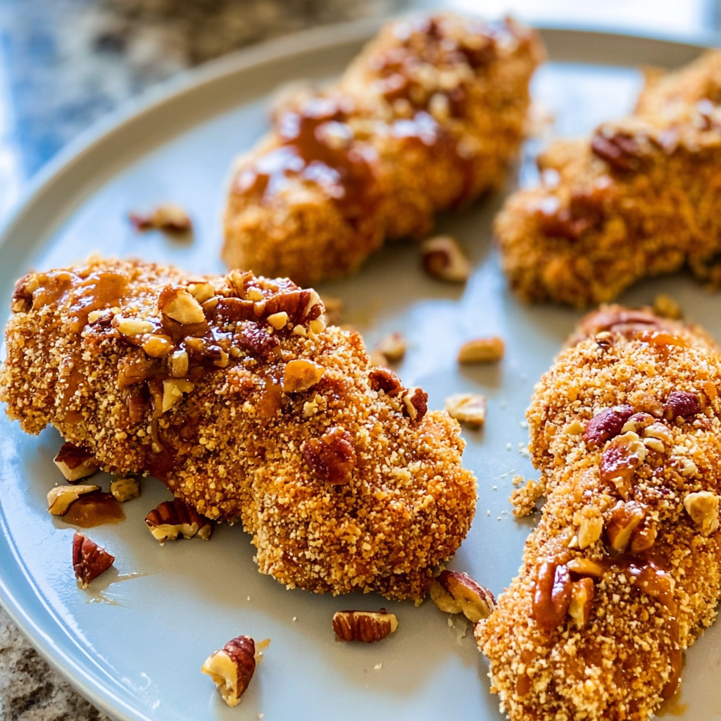 Recipe preparation for Delicious Baked Pecan Crusted Chicken Fingers 