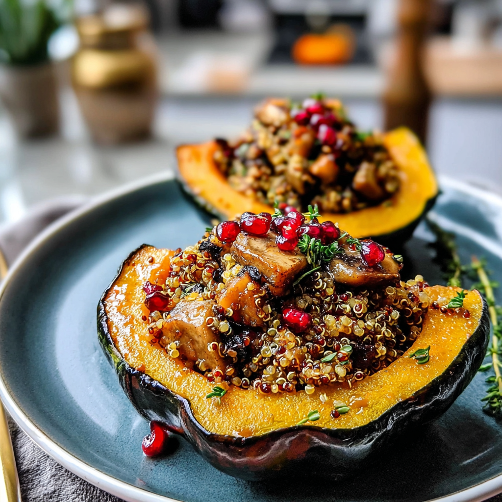Recipe preparation for Mushroom and Quinoa Stuffed Acorn Squash