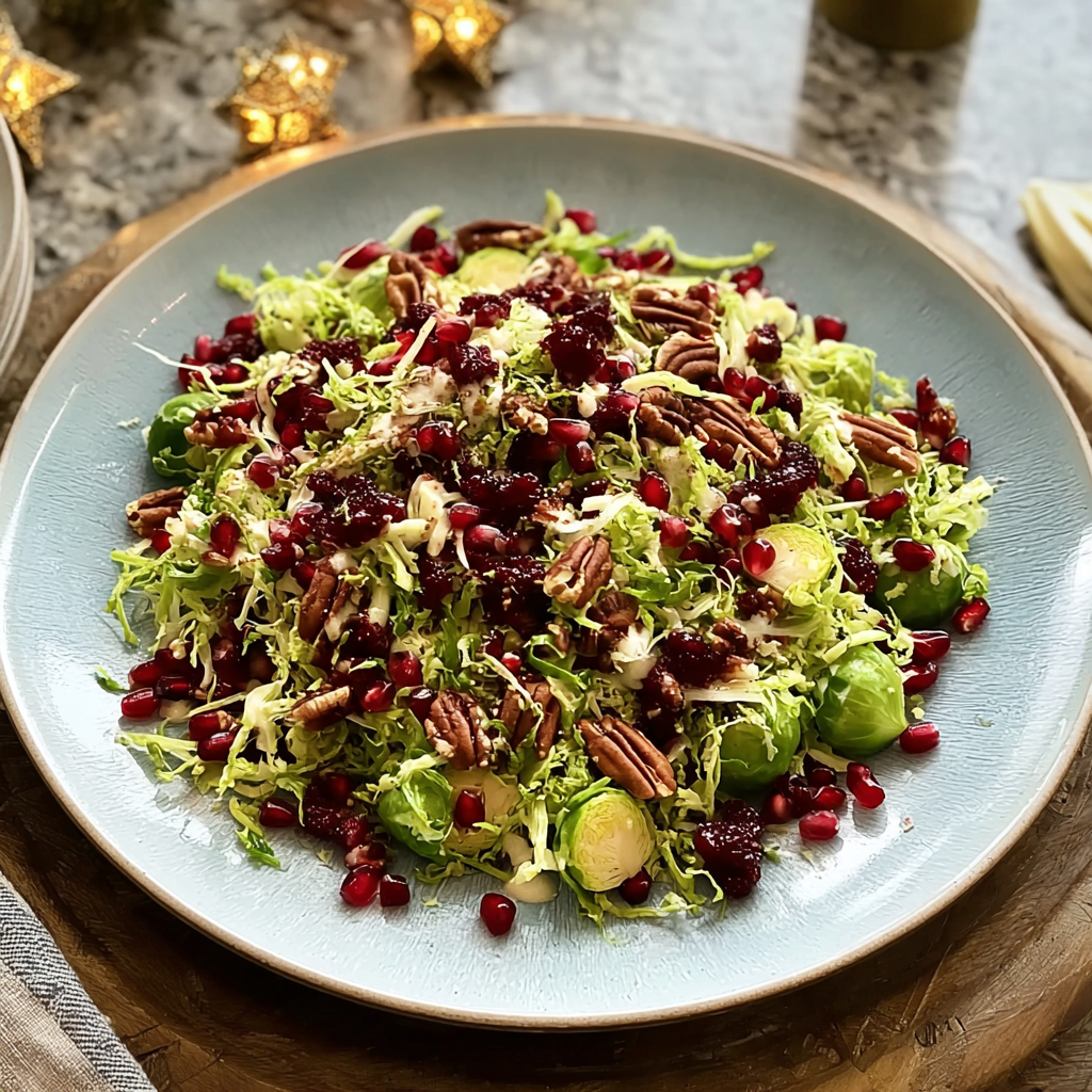 Recipe preparation for Shaved Brussels Sprout Salad with Pomegranate and Candied Pecans 
