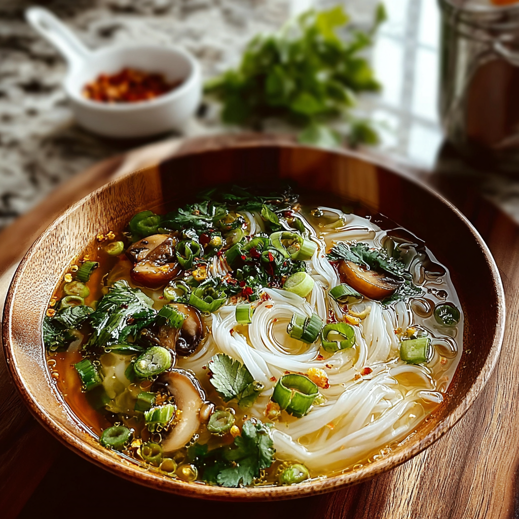 Recipe preparation for Comforting Ginger Garlic Broth with Rice Noodles 