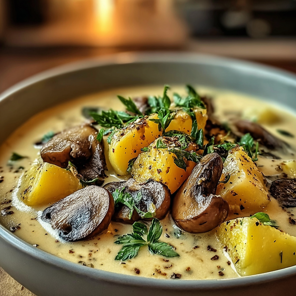 Recipe preparation for Indulgent Creamy Mushroom Potato Soup