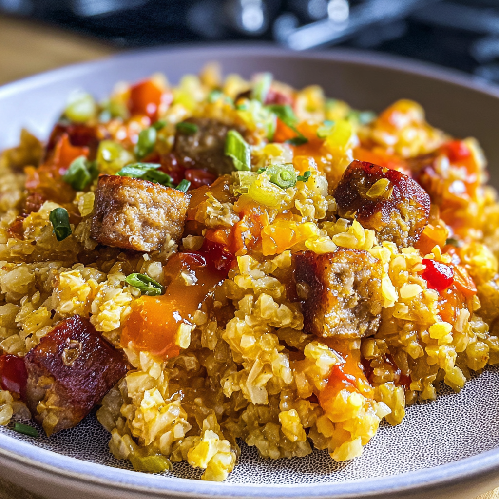Recipe preparation for Savory Sausage Cauliflower Rice Skillet Recipe 