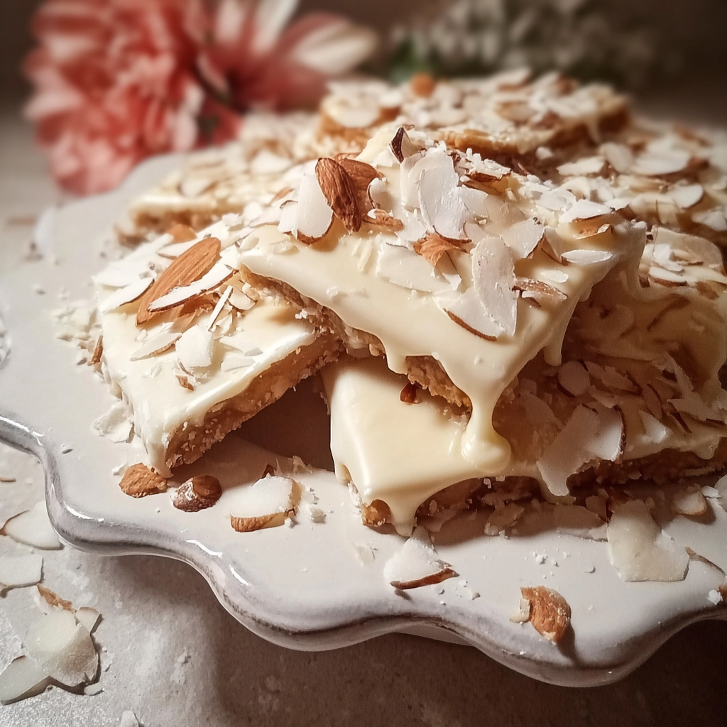 Recipe preparation for Snowy Almond White Chocolate Toffee Recipe