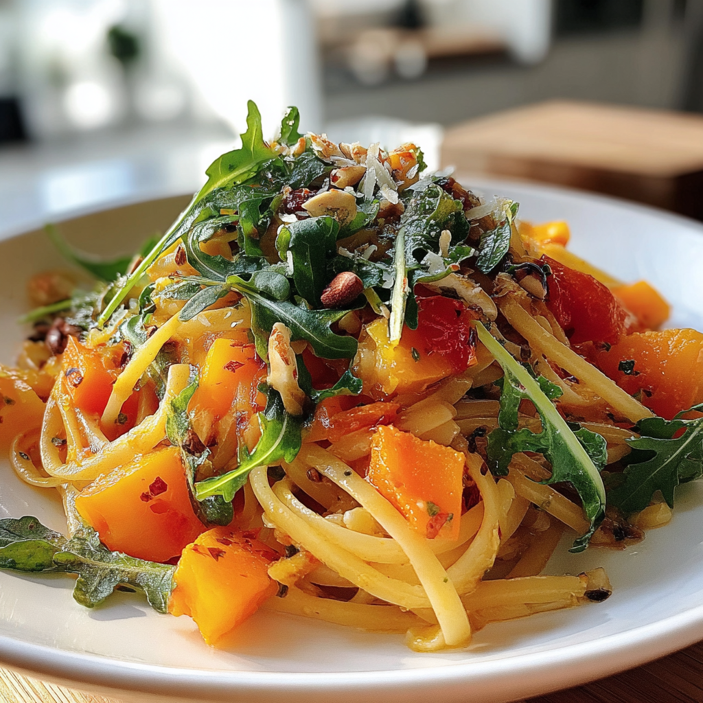 Recipe preparation for Autumn Persimmon Arugula Pasta Recipe