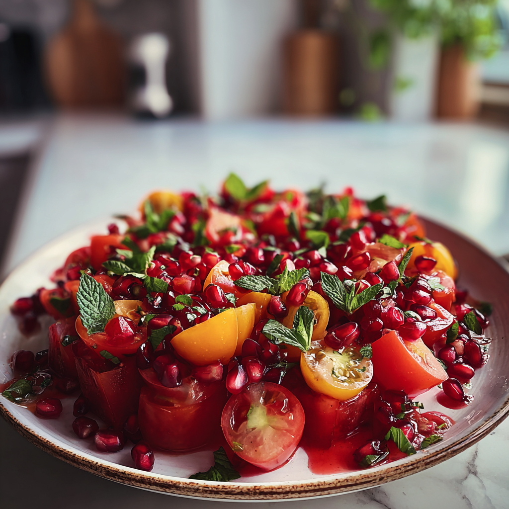 Recipe preparation for Refreshing Pomegranate and Tomato Salad