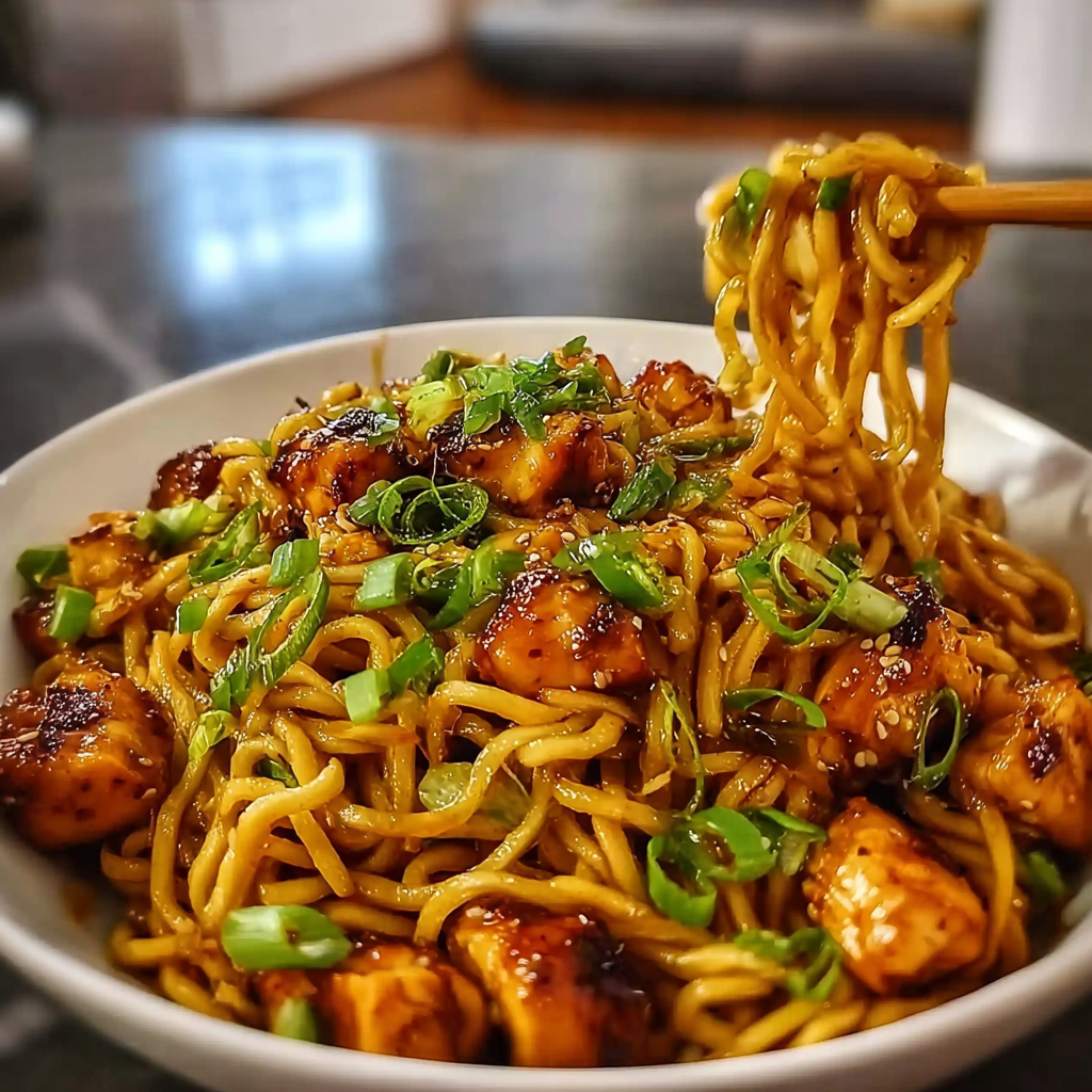 Recipe preparation for Sticky Garlic Chicken Noodles 