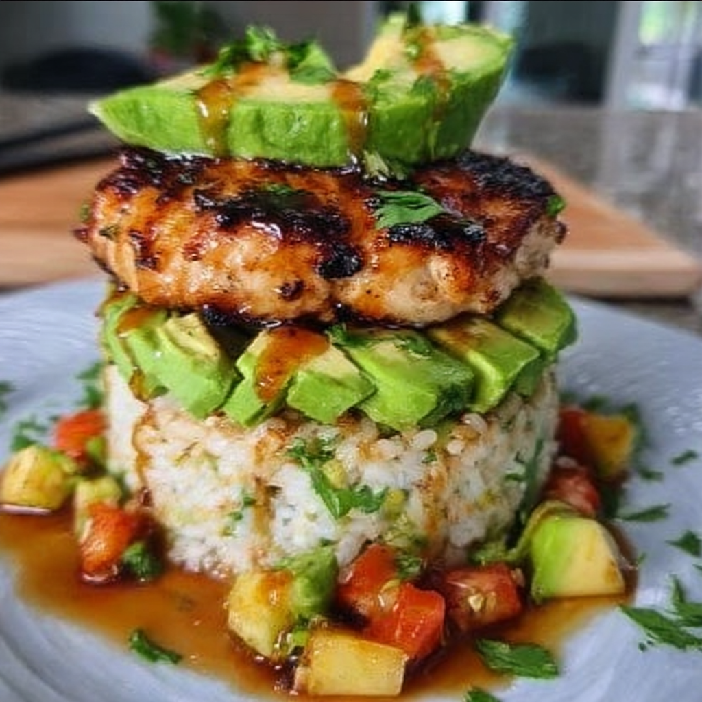 Recipe preparation for Honey Lime Chicken & Avocado Rice Stack