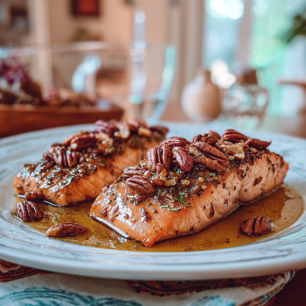 Recipe preparation for Maple Glazed Salmon with Pecans 