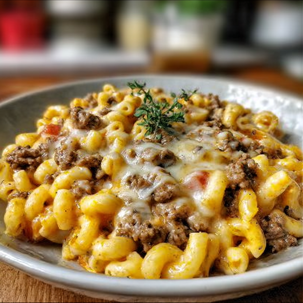 Recipe preparation for Loaded Cheeseburger Alfredo Pasta
