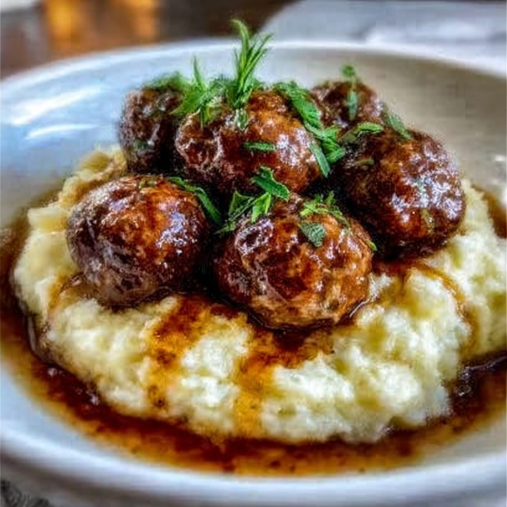 Recipe preparation for Salisbury Steak Meatballs with Garlic Herb Mashed Potatoes