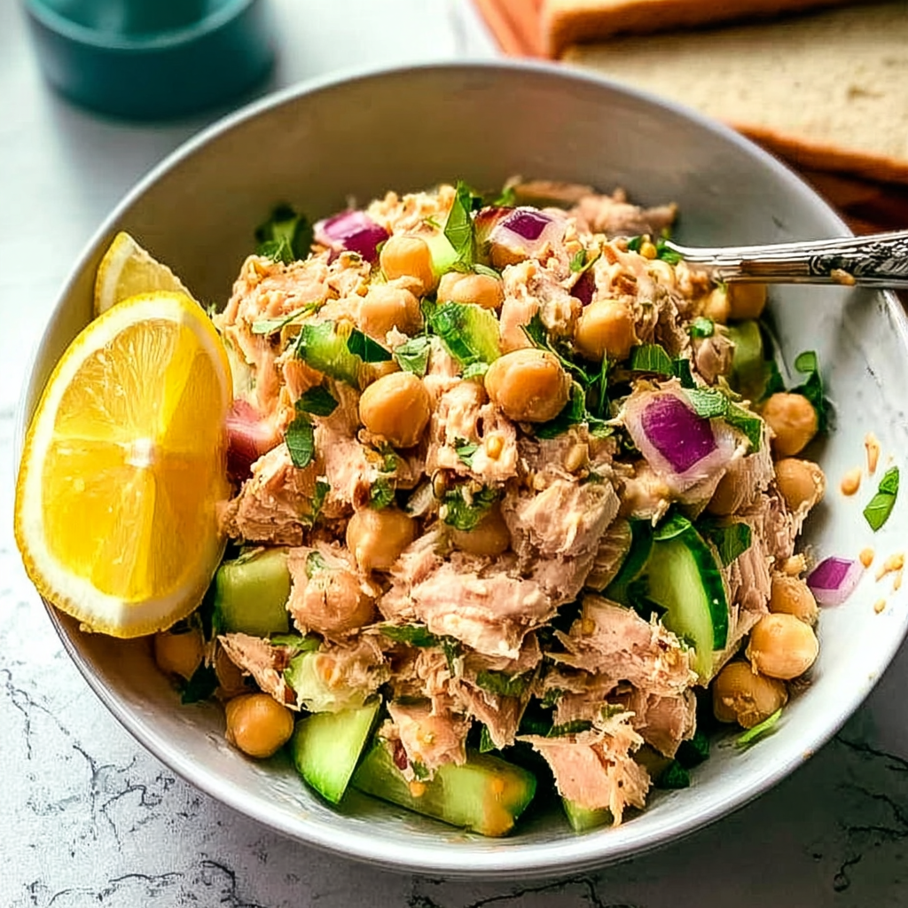 Recipe preparation for Zesty Lemon Tahini Chickpea Tuna Salad Recipe 