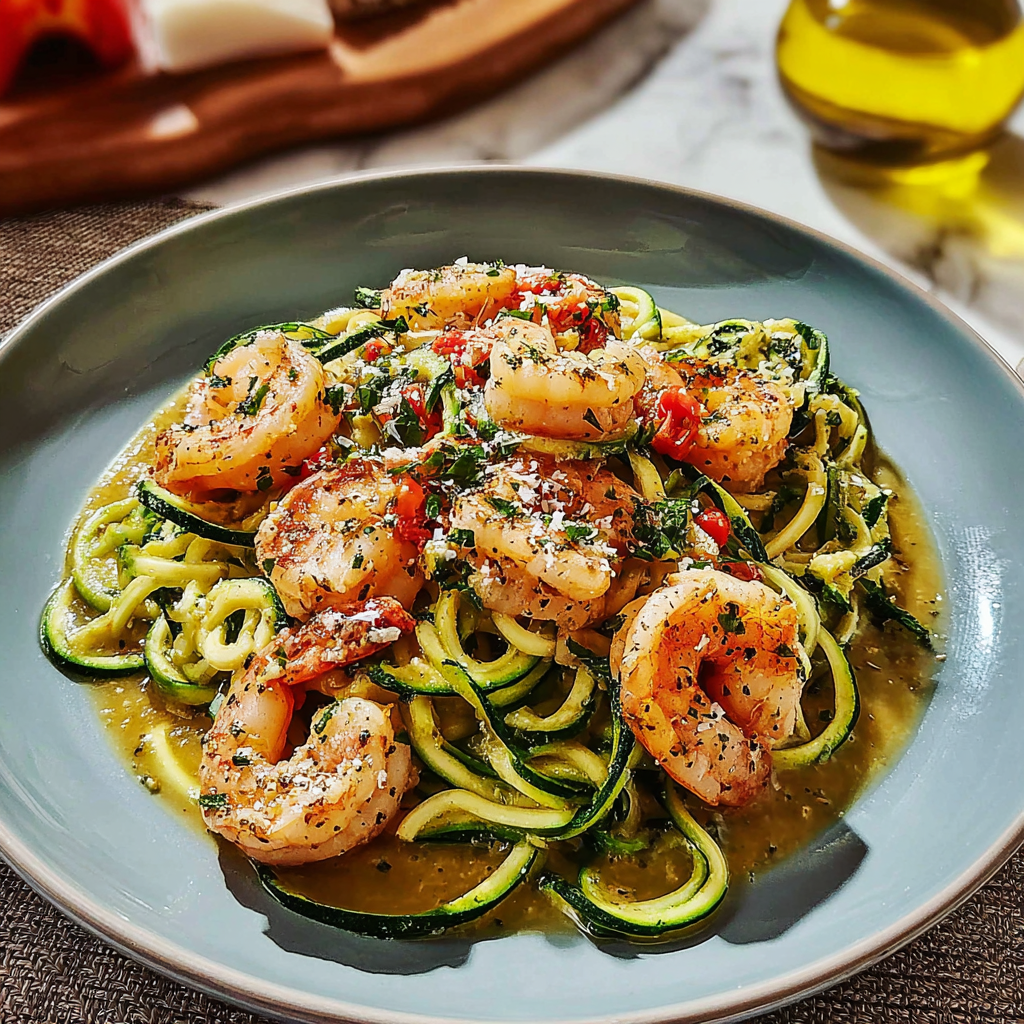 Recipe preparation for Irresistible Shrimp Scampi with Zucchini Noodles 