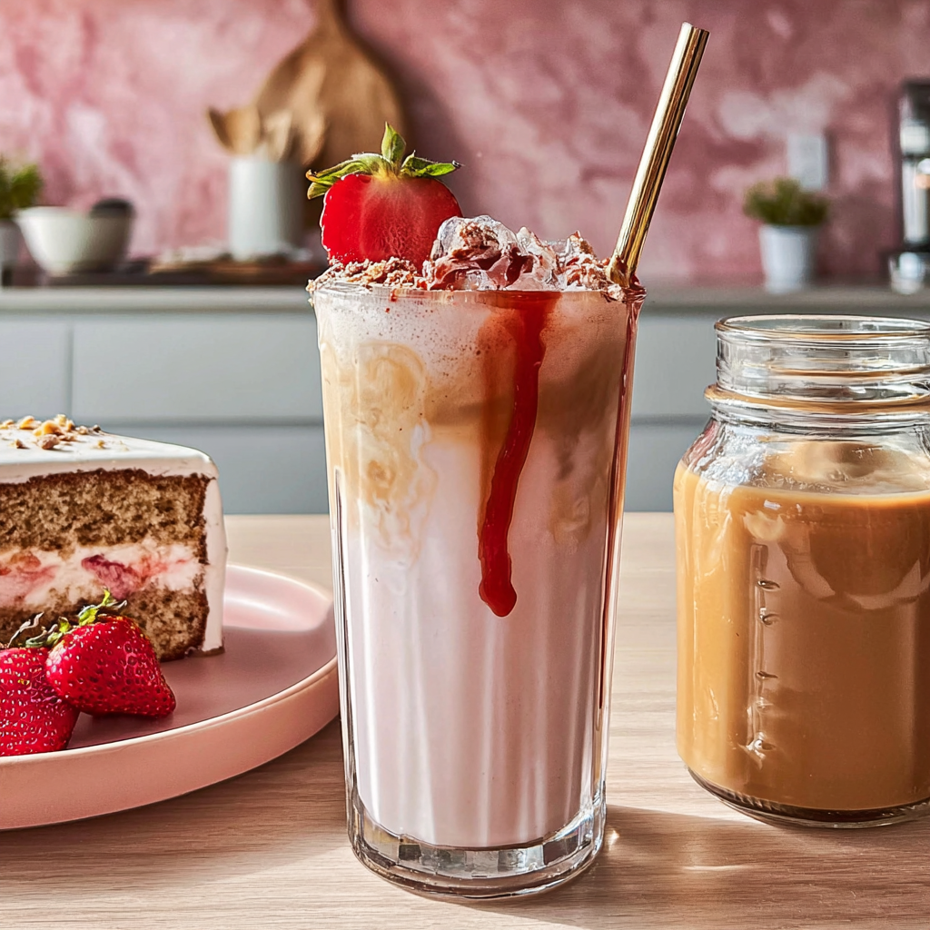 Recipe preparation for Irresistible Strawberry Peanut Butter Iced Latte Recipe