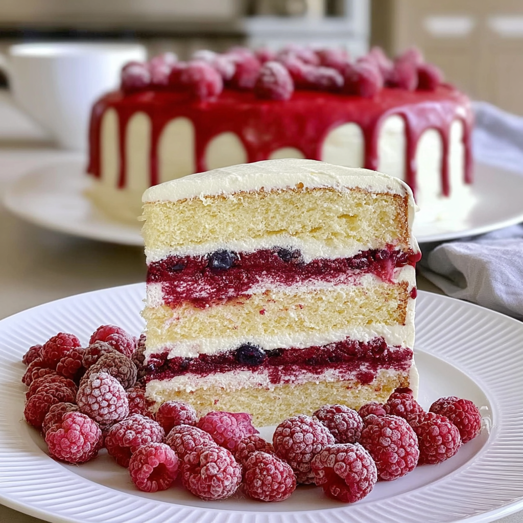 Recipe preparation for Heavenly White Chocolate Raspberry Cake Recipe