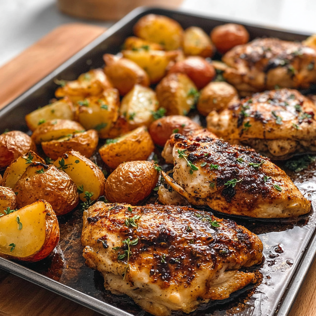 Recipe preparation for Irresistible Sheet Pan Balsamic Chicken with Potatoes