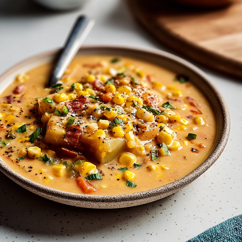 Recipe preparation for Irresistible Smoky Vegan Corn Chowder with Potatoes Recipe