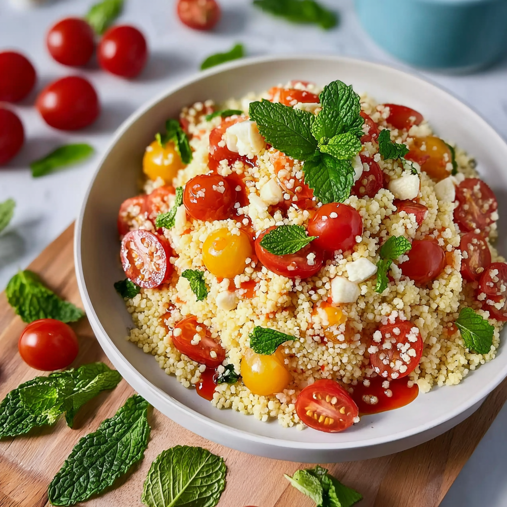 Recipe preparation for Refreshing Couscous Salad with Tomatoes and Mint 