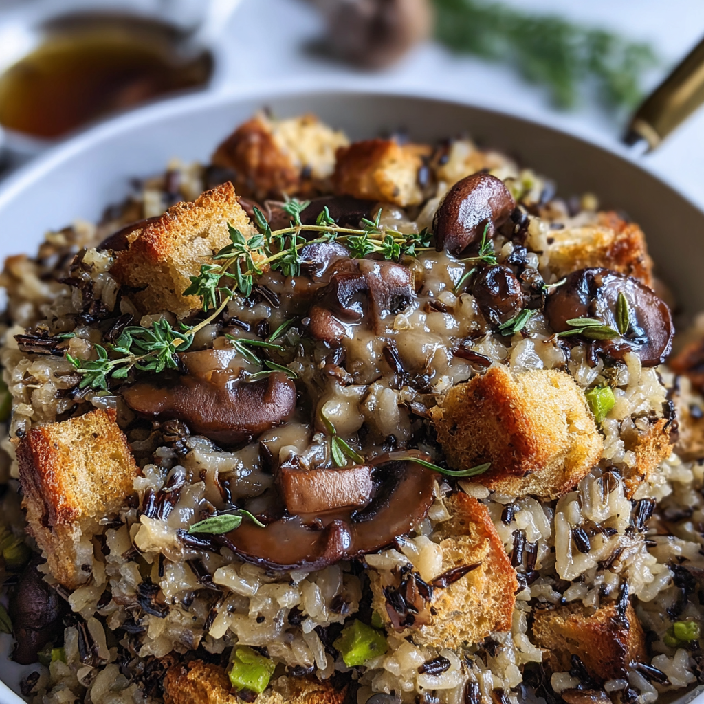 Recipe preparation for Savory Wild Rice Stuffing with Mushrooms 