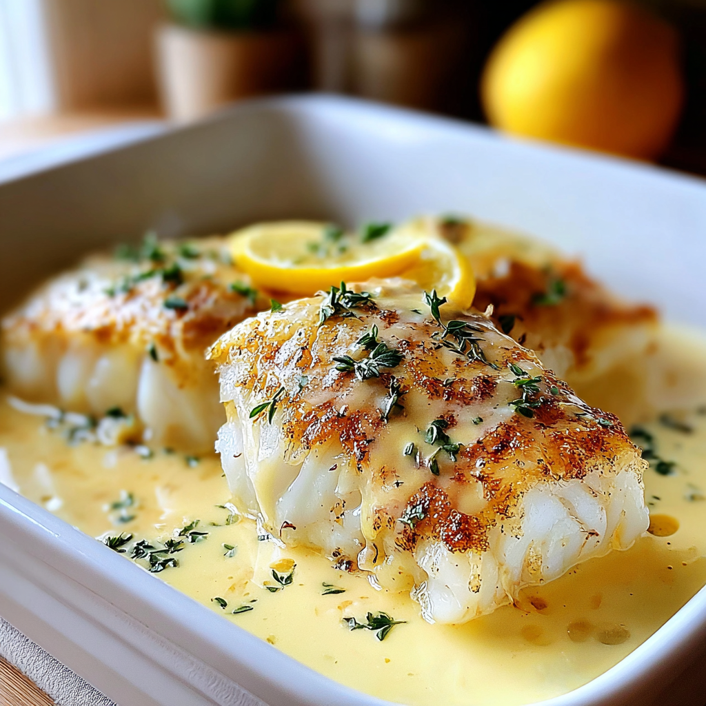 Recipe preparation for Baked Cod in Coconut Lemon Cream Sauce