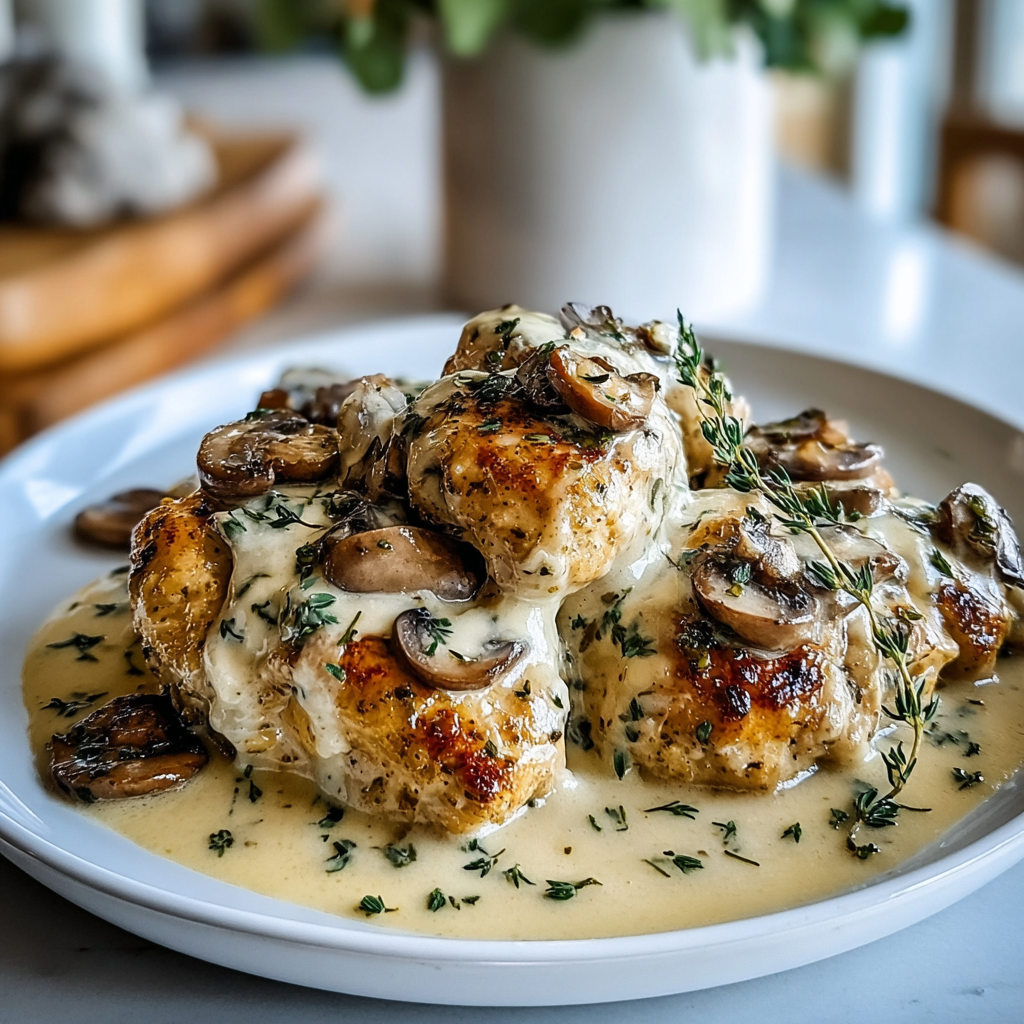 Recipe preparation for Creamy Mushroom Asiago Chicken