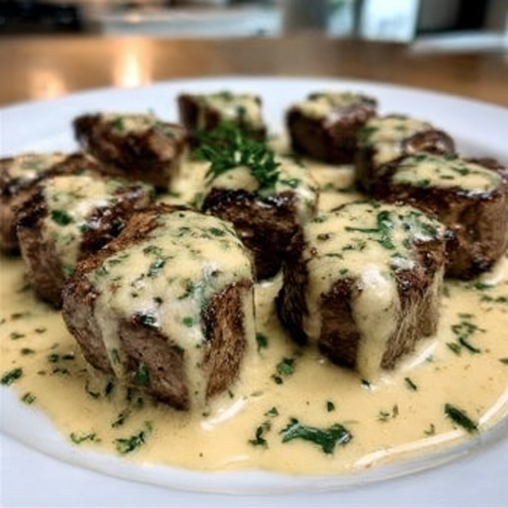 Recipe preparation for Tender Steak Bites in Garlic Butter with Creamy Parmesan Sauce