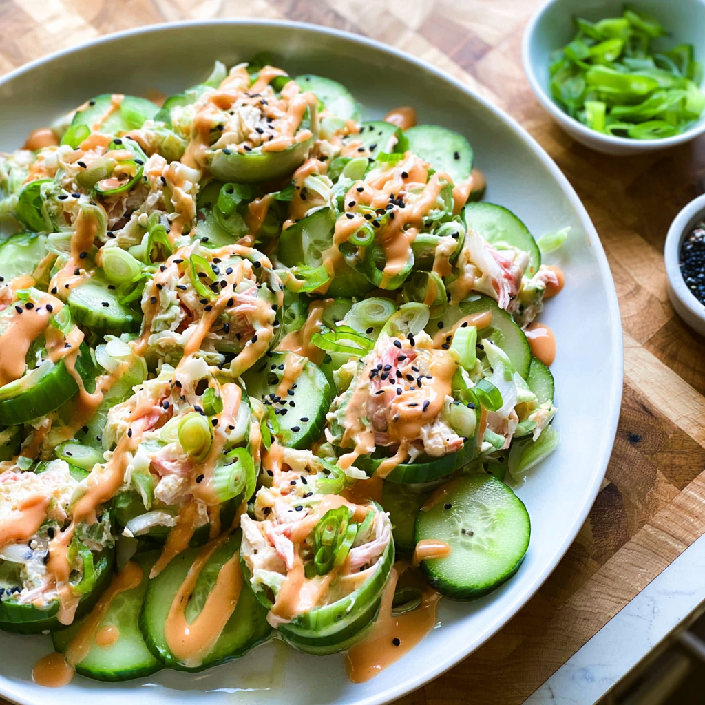 Recipe preparation for California Roll Cucumber Salad