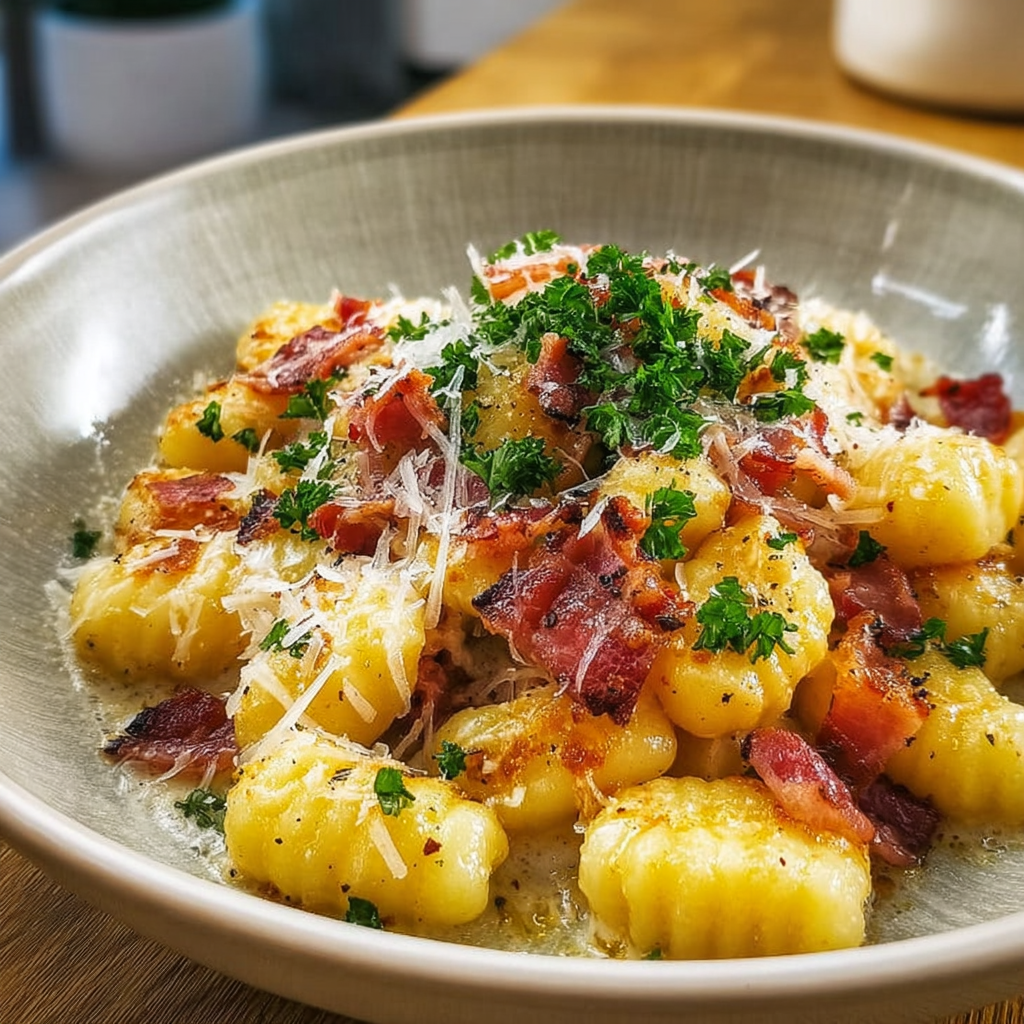 Recipe preparation for Gnocchi Carbonara with Bacon & Parmesan